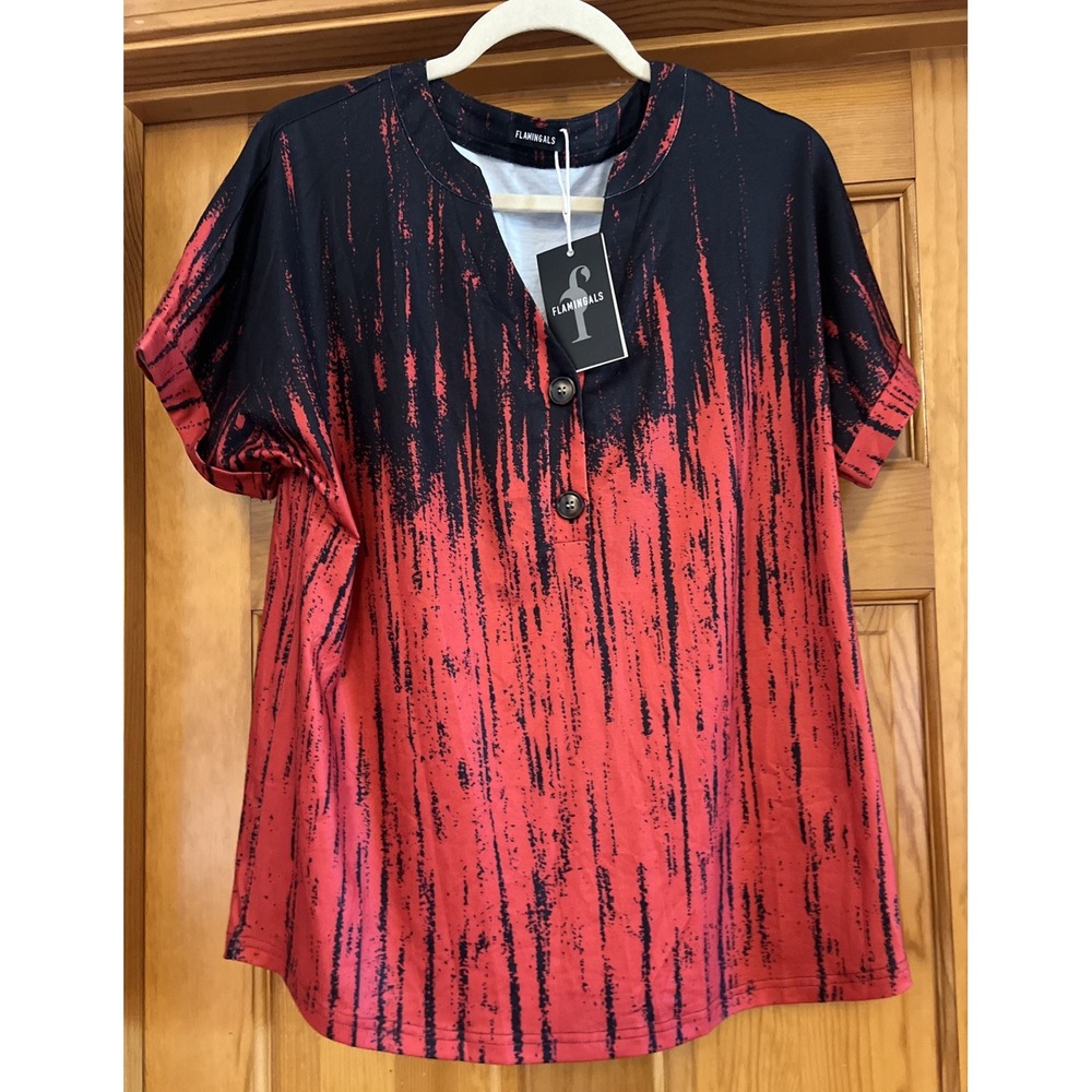 Flamingals Women's Colorblock Short sleeves T-Shirt Red Black Sz Medium